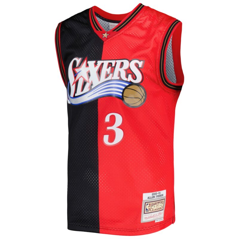 Allen Iverson Philadelphia 76ers Mitchell & Ness Hardwood Classics 2000/01 Split Swingman Jersey - Black/Red - Image 2