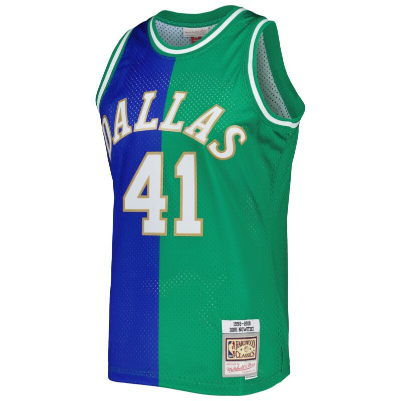 Dirk Nowitzki Dirk Nowitzki Mitchell & Ness Hardwood Classics 1998/2019 Split Swingman Jersey - Blue/Green - Image 2