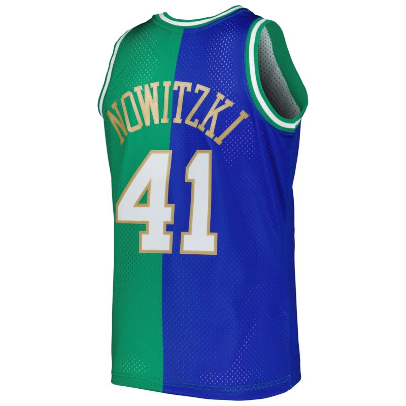 Dirk Nowitzki Dirk Nowitzki Mitchell & Ness Hardwood Classics 1998/2019 Split Swingman Jersey - Blue/Green - Image 3
