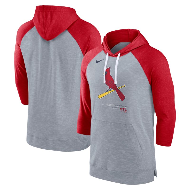 St. Louis Cardinals Baseball Raglan 3/4-Sleeve Pullover Hoodie - Heather Gray/Heather Red