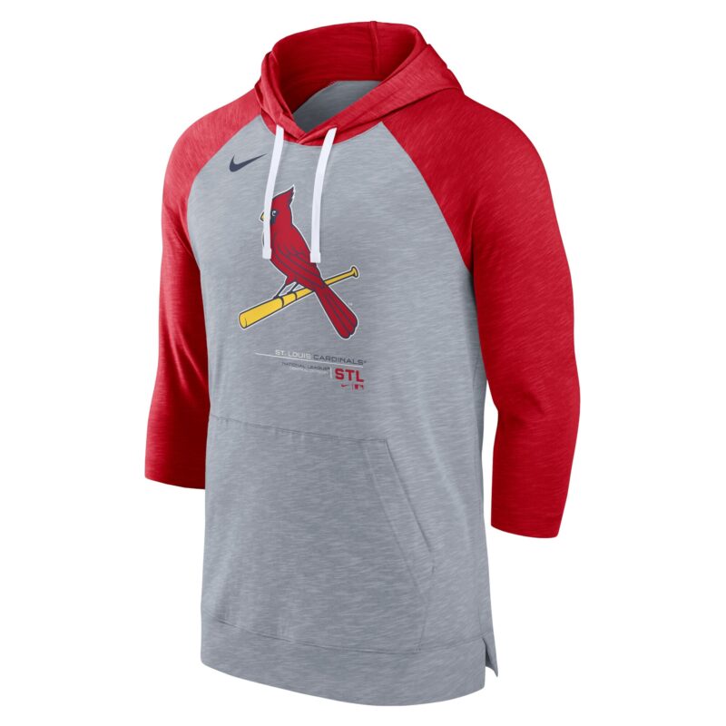 St. Louis Cardinals Baseball Raglan 3/4-Sleeve Pullover Hoodie - Heather Gray/Heather Red - Image 2