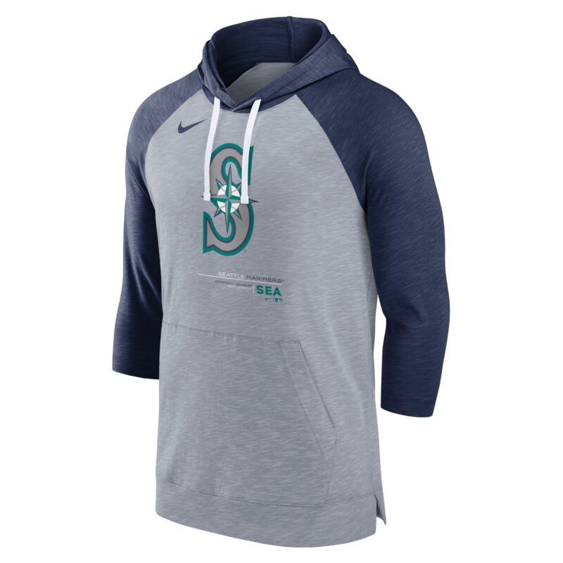 Seattle Mariners Baseball Raglan 3/4-Sleeve Pullover Hoodie - Heather Gray/Heather Navy - Image 2