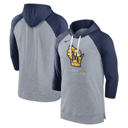 Milwaukee Brewers Baseball Raglan 3/4-Sleeve Pullover Hoodie - Heather Gray/Heather Navy