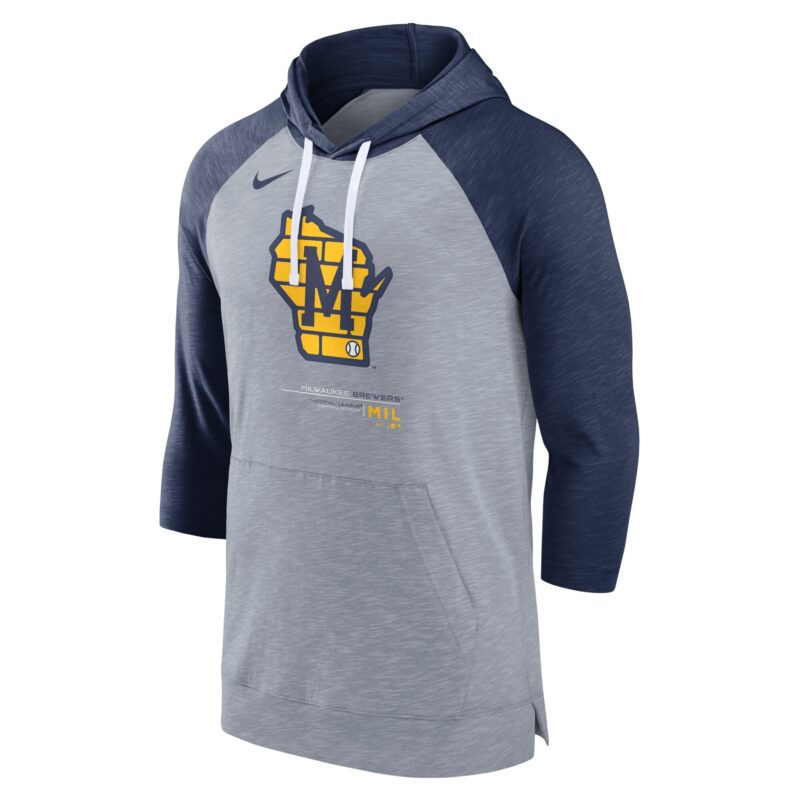 Milwaukee Brewers Baseball Raglan 3/4-Sleeve Pullover Hoodie - Heather Gray/Heather Navy - Image 2