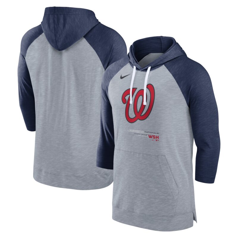 Washington Nationals Baseball Raglan 3/4-Sleeve Pullover Hoodie - Heather Gray/Heather Navy