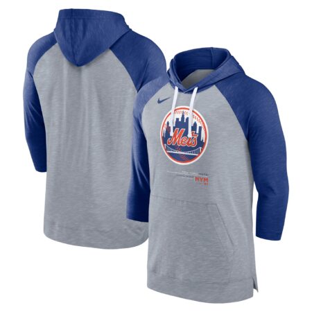New York Mets Baseball Raglan 3/4-Sleeve Pullover Hoodie - Heather Gray/Heather Royal