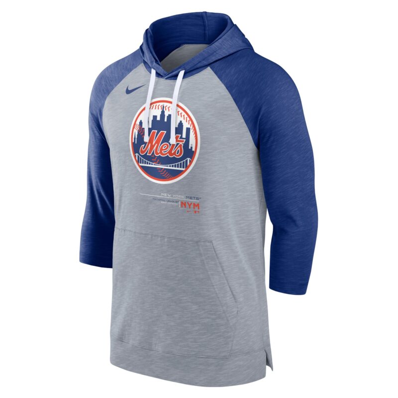 New York Mets Baseball Raglan 3/4-Sleeve Pullover Hoodie - Heather Gray/Heather Royal - Image 2