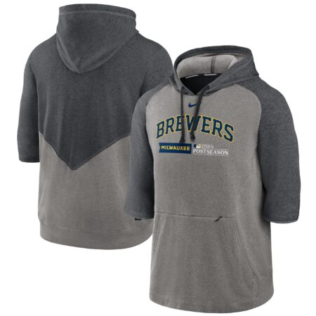 Milwaukee Brewers 2023 Postseason Collection Flux Performance 3/4-Sleeve Pullover Hoodie - Heather Gray/Heather Charcoal