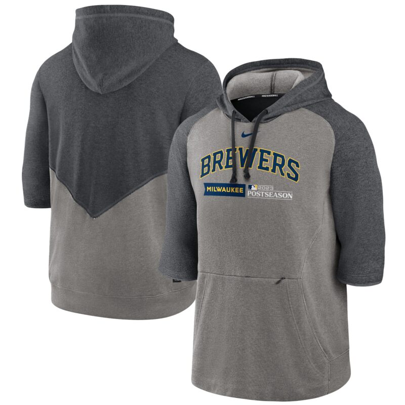 Milwaukee Brewers 2023 Postseason Collection Flux Performance 3/4-Sleeve Pullover Hoodie - Heather Gray/Heather Charcoal