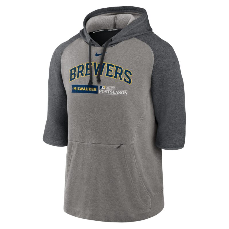 Milwaukee Brewers 2023 Postseason Collection Flux Performance 3/4-Sleeve Pullover Hoodie - Heather Gray/Heather Charcoal - Image 2