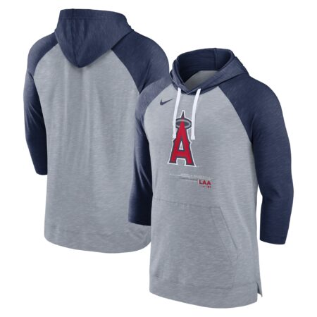Los Angeles Angels Baseball Raglan 3/4-Sleeve Pullover Hoodie - Heather Gray/Heather Navy
