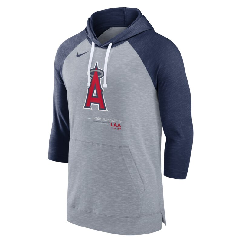 Los Angeles Angels Baseball Raglan 3/4-Sleeve Pullover Hoodie - Heather Gray/Heather Navy - Image 2