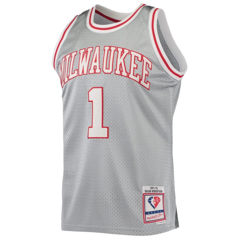 Oscar Robertson Milwaukee Bucks Mitchell & Ness 75th Anniversary 1971/72 Hardwood Classics Swingman Jersey - Silver - Image 2