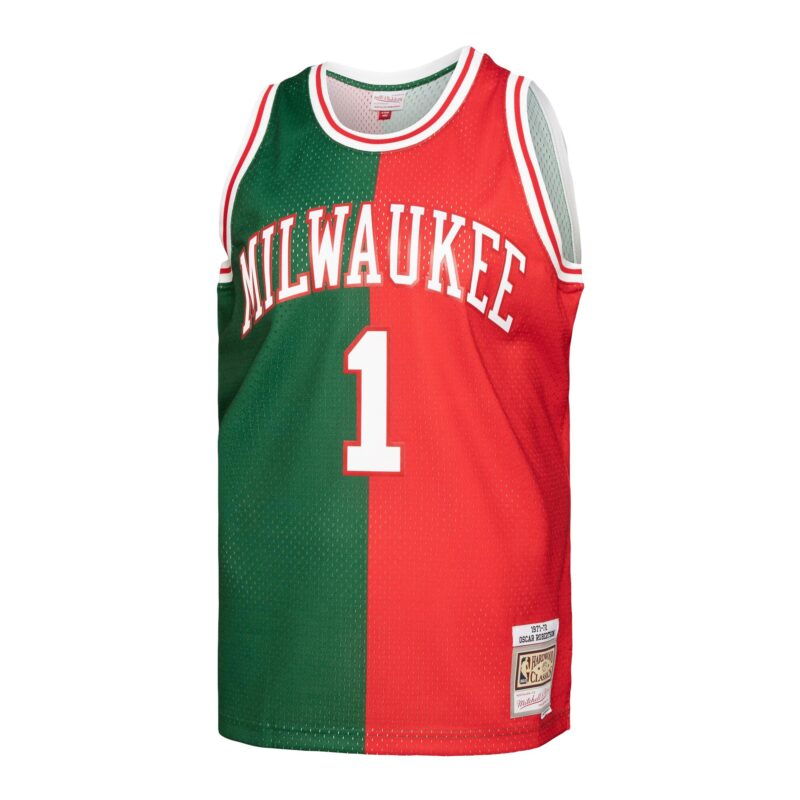Oscar Robertson Milwaukee Bucks Mitchell & Ness Hardwood Classics 1971/72 Split Swingman Jersey - Green/Red - Image 2