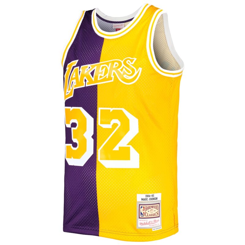 Magic Johnson Los Angeles Lakers Mitchell & Ness Hardwood Classics 1984/85 Split Swingman Jersey - Purple/Gold - Image 2