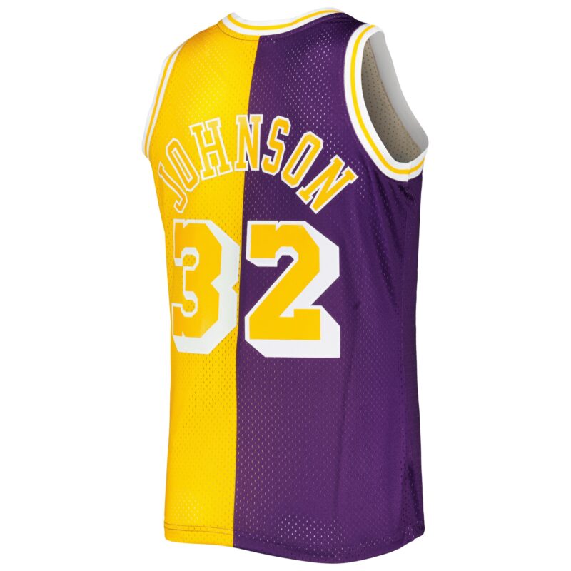 Magic Johnson Los Angeles Lakers Mitchell & Ness Hardwood Classics 1984/85 Split Swingman Jersey - Purple/Gold - Image 3