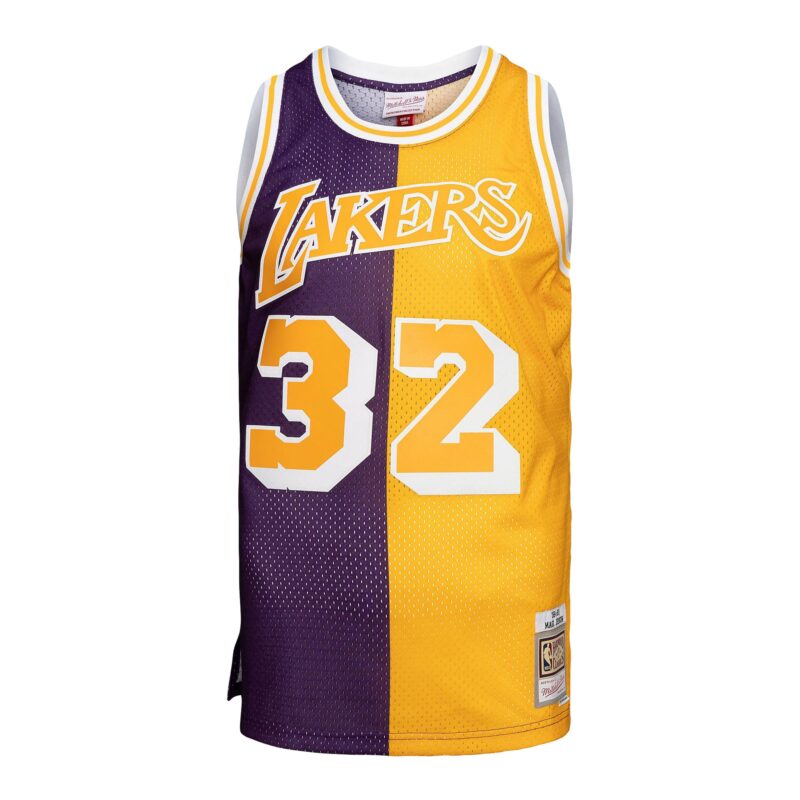 Magic Johnson Los Angeles Lakers Mitchell & Ness Big & Tall Hardwood Classics 1984/85 Split Swingman Jersey - Purple/Gold - Image 2
