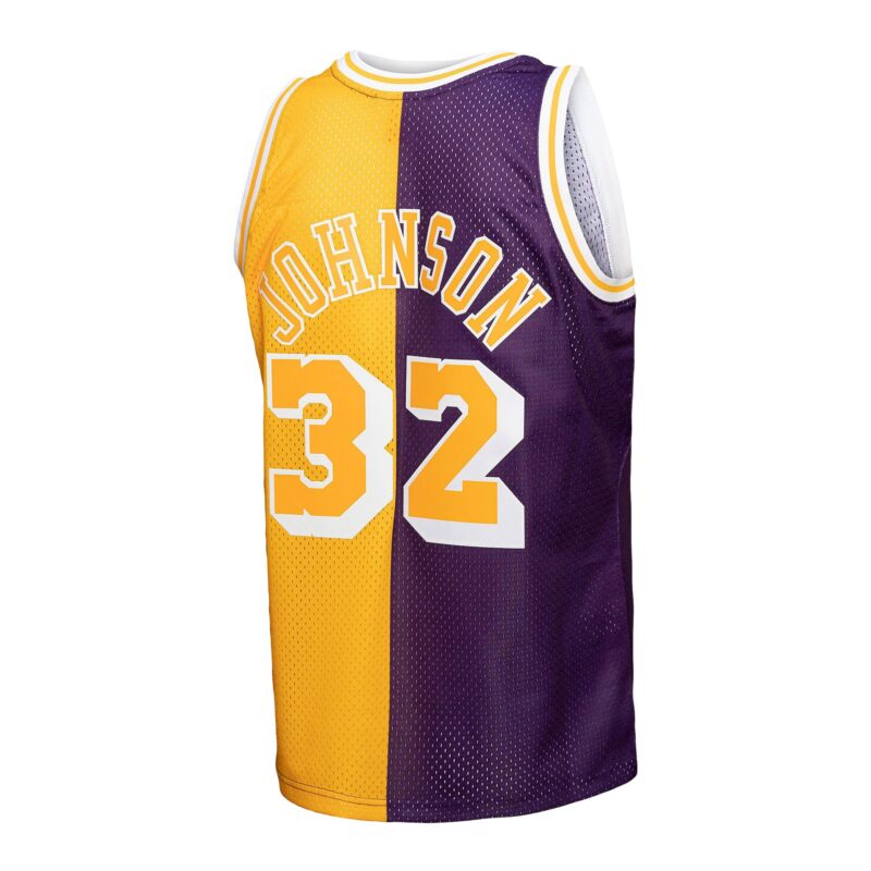 Magic Johnson Los Angeles Lakers Mitchell & Ness Big & Tall Hardwood Classics 1984/85 Split Swingman Jersey - Purple/Gold - Image 3