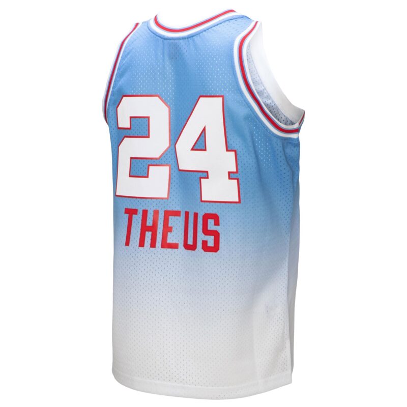 Reggie Theus Sacramento Kings Mitchell & Ness 1985/86 Hardwood Classics Fadeaway Swingman Player Jersey - White/Light Blue - Image 3