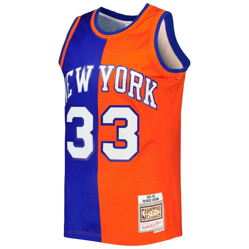 Patrick Ewing New York Knicks Mitchell & Ness Hardwood Classics 1991/92 Split Swingman Jersey - Blue/Orange - Image 2