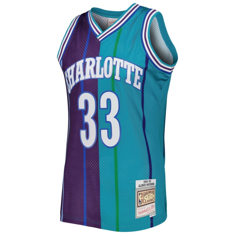 Alonzo Mourning Charlotte Hornets Mitchell & Ness Hardwood Classics 1992/93 Split Swingman Jersey - Teal/Purple - Image 2