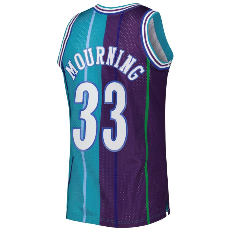 Alonzo Mourning Charlotte Hornets Mitchell & Ness Hardwood Classics 1992/93 Split Swingman Jersey - Teal/Purple - Image 3
