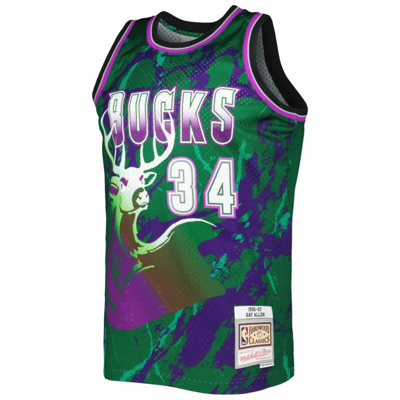 Ray Allen Milwaukee Bucks Mitchell & Ness 1996/97 Hardwood Classics Marble Swingman Jersey - Green - Image 2