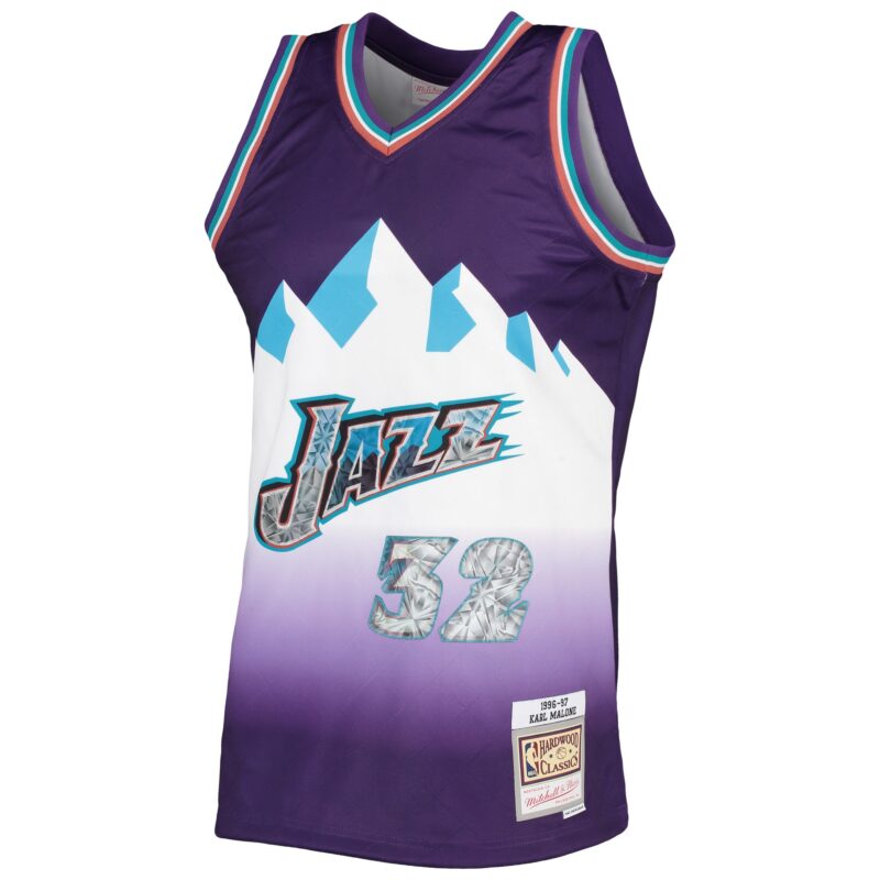 Karl Malone Utah Jazz Mitchell & Ness 1996/97 Hardwood Classics Basketball 75th Anniversary Diamond Swingman Jersey - Purple - Image 2