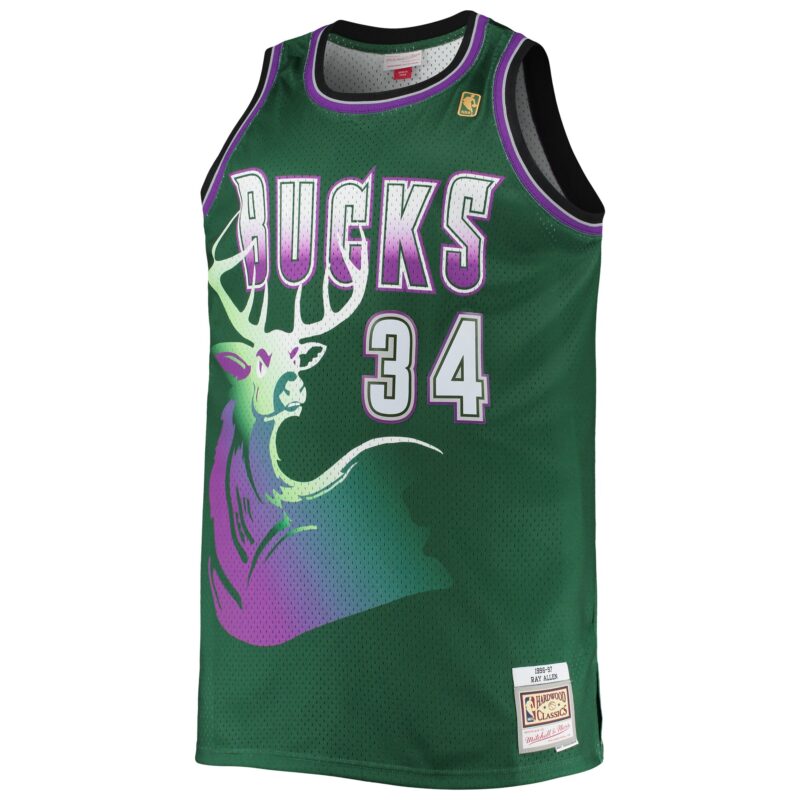 Ray Allen Milwaukee Bucks Mitchell & Ness Big & Tall 1996/97 Hardwood Classics Swingman Jersey - Hunter Green - Image 2
