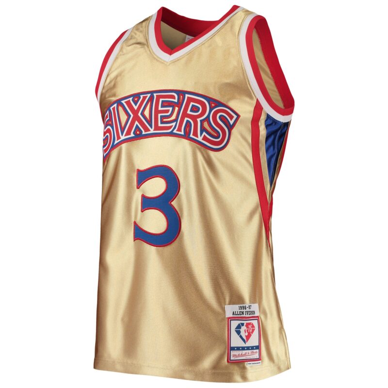 Allen Iverson Philadelphia 76ers Mitchell & Ness 75th Anniversary 1996/97 Hardwood Classics Swingman Jersey - Gold - Image 2
