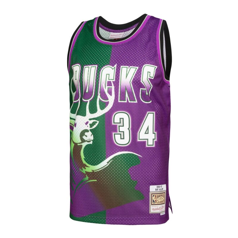 Ray Allen Milwaukee Bucks Mitchell & Ness Hardwood Classics 1996/97 Split Swingman Jersey - Green/Purple - Image 2
