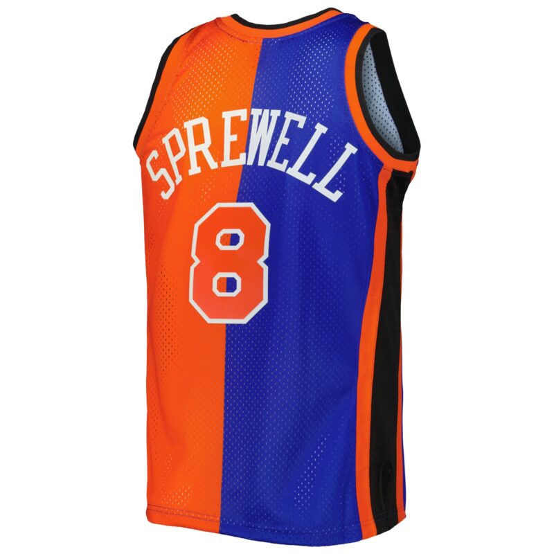 Latrell Sprewell New York Knicks Mitchell & Ness Hardwood Classics 1998/99 Split Swingman Jersey - Blue/Orange - Image 3