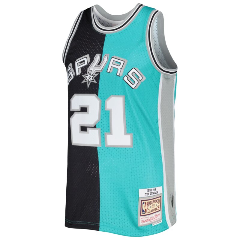Tim Duncan San Antonio Spurs Mitchell & Ness Hardwood Classics 1998/99 Split Swingman Jersey - Black/Teal - Image 2