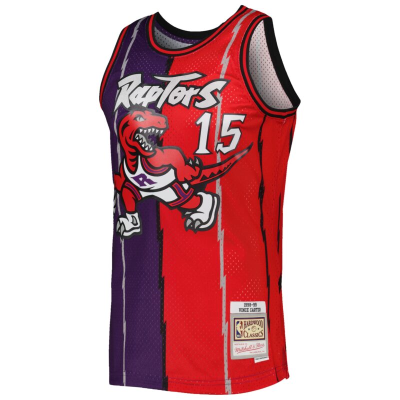 Vince Carter Toronto Raptors Mitchell & Ness Hardwood Classics 1998/99 Split Swingman Jersey - Purple/Red - Image 2