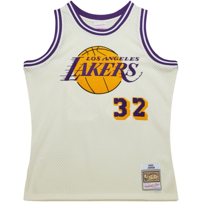 Magic Johnson Los Angeles Lakers Mitchell & Ness Chainstitch Swingman Jersey - Cream - Image 2