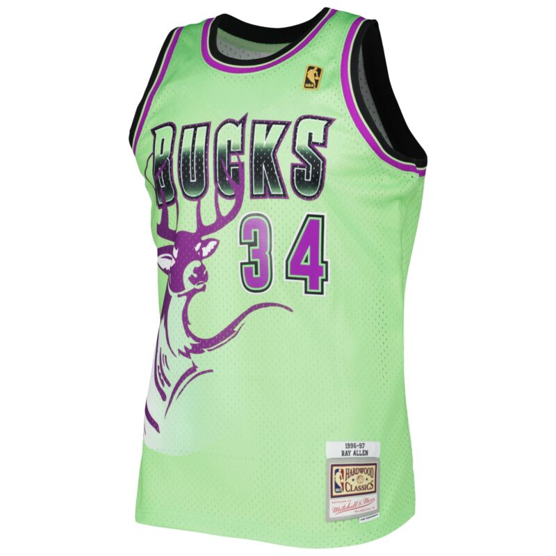 Ray Allen Milwaukee Bucks Mitchell & Ness 1996-97 Hardwood Classics Reload 3.0 Swingman Jersey - Green - Image 2