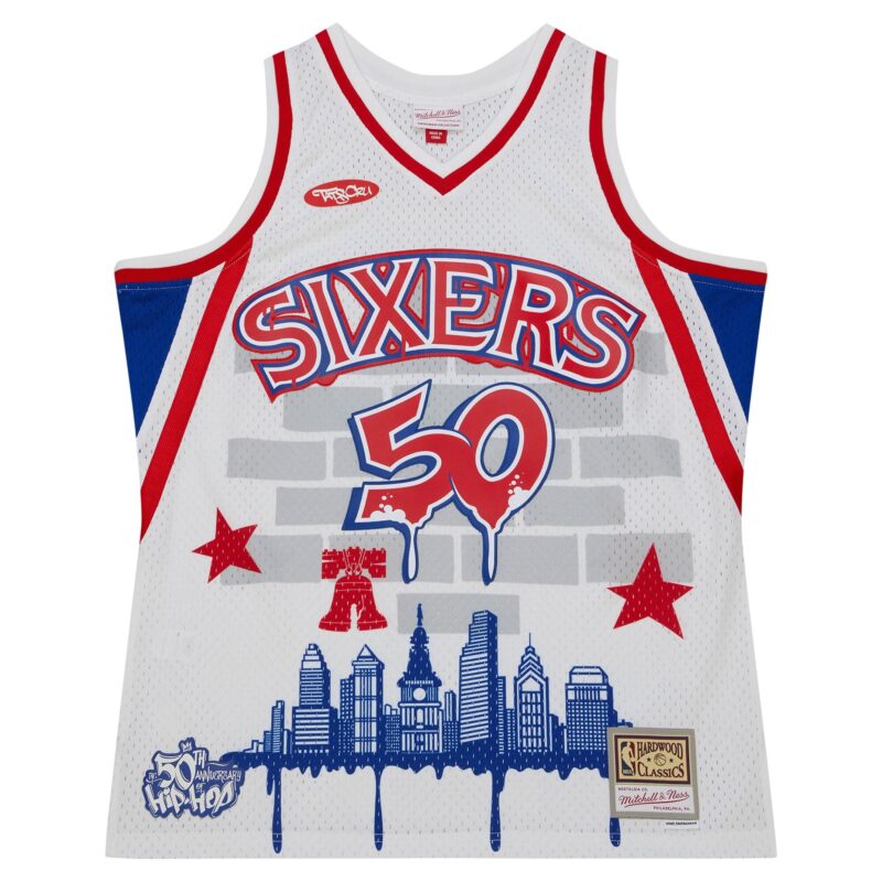 Philadelphia 76ers Mitchell & Ness x Tats Cru Hardwood Classics Fashion Jersey - White - Image 2