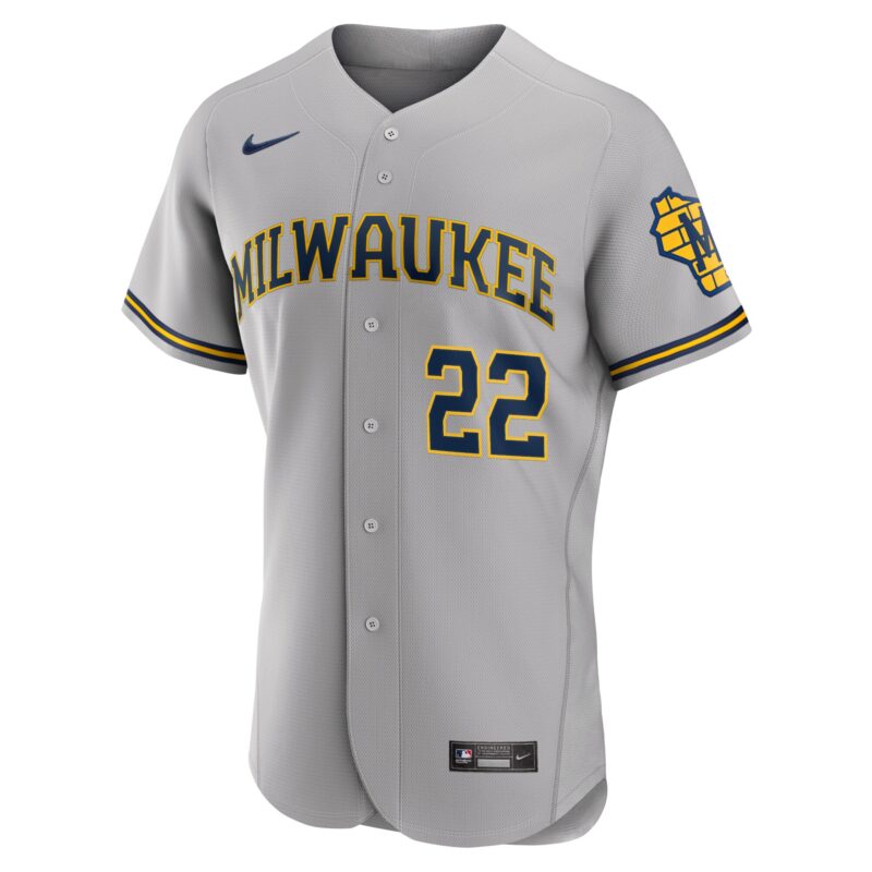 Christian Yelich Milwaukee Brewers Road Player Logo Jersey - Gray - Image 2