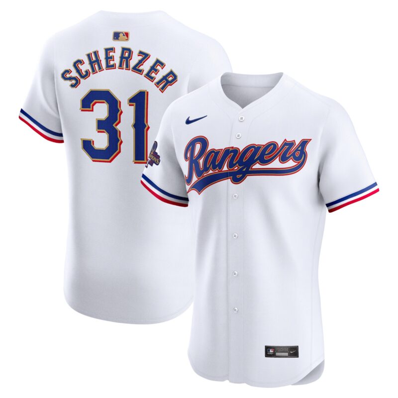 Max Scherzer Texas Rangers 2024 Gold Collection Elite Player Jersey – White