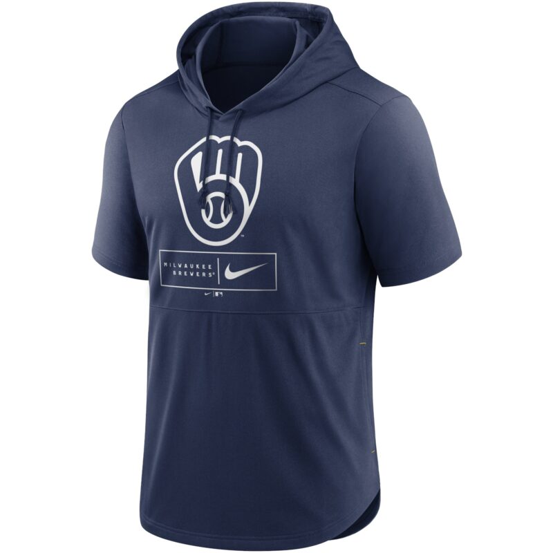 Milwaukee Brewers Lockup Performance Short Sleeve Lightweight Hooded Top - Navy - Image 2
