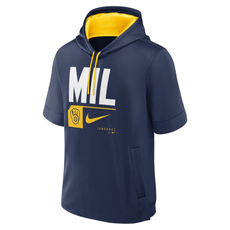 Milwaukee Brewers Tri Code Lockup Short Sleeve Pullover Hoodie - Navy - Image 2